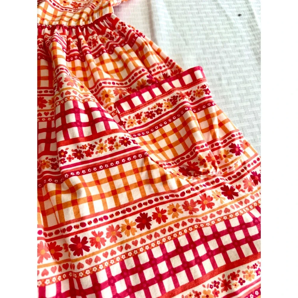 Flapdoodles Girls Orange Pink Gingham Floral Bow Back Pocket Dress Size 8